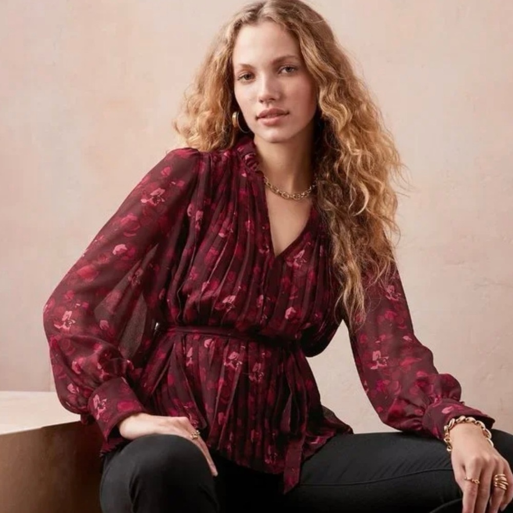 Banana Republic Chiffon Pleated Floral Blouse Women Petite Large Red Bohemian